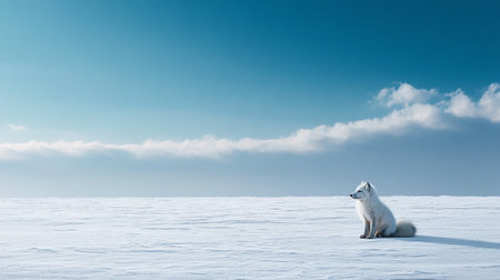 White fox sitting on snow with blue sky and clouds in the background