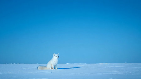 Arctic fox on a snow-covered field with blue sky.の写真素材