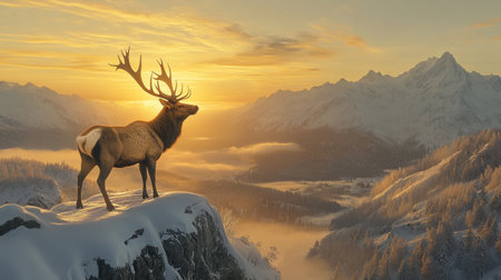 3d render of a reindeer in the mountains at sunset