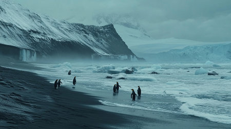 Antarctic landscape with penguins and icebergs in the oceanの写真素材