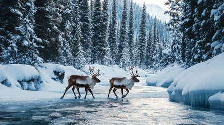 Two reindeers walking on frozen lake in winter forest. Winter landscape.の写真素材