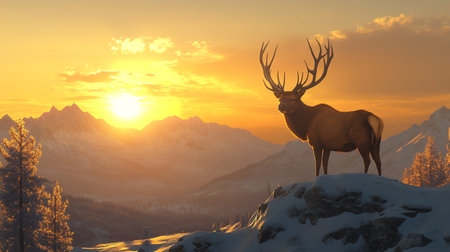 Deer in the mountains at sunset. 3D render. Winter landscape.の写真素材