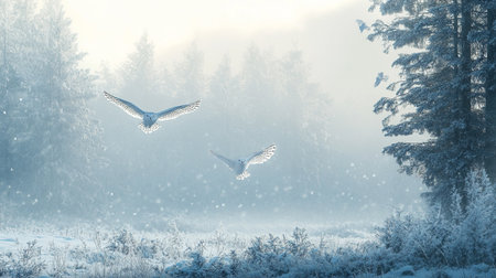 Snowy winter landscape with a snowy forest and two flying owls