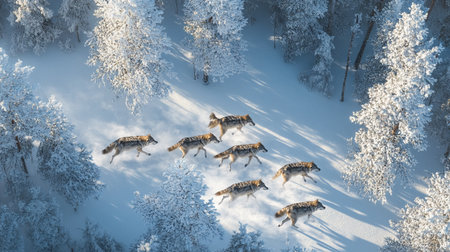 A group of wild wolves are running in the winter forest at sunset.の写真素材