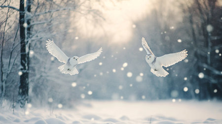 Snowy owls flying in the winter forest. Beautiful winter scene.の写真素材