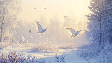 Snowy winter landscape with flying owls and snowflakes.
