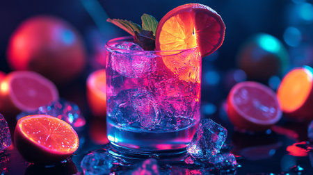 Alcoholic cocktail drink on the table with ice cubes and fruits