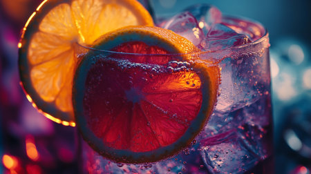 cocktail with ice and orange on a blue background, close-upの写真素材