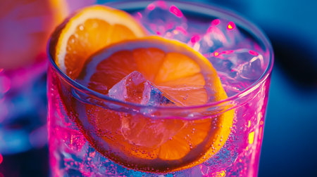 Cocktail with orange and ice on blue background, close upの写真素材
