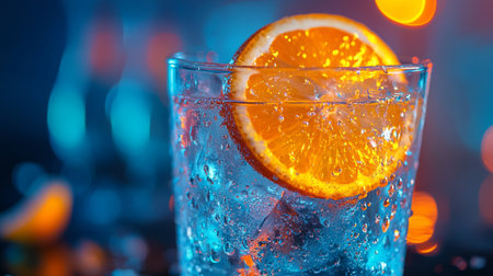 Cocktail with orange and ice on a dark blue background.の写真素材