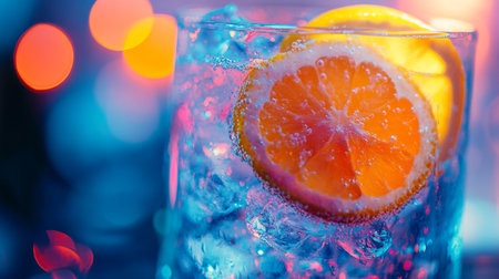 Cocktail with orange and ice on the background of bokehの写真素材