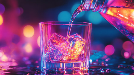 whiskey in a glass with ice cubes on a dark backgroundの写真素材