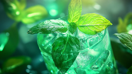 Mint leaves with ice cubes and mint leaves on a green background