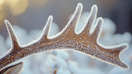 Close up of deer antlers covered with hoarfrost in winter forestの写真素材
