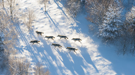 Aerial view of a group of wolves running in the snow