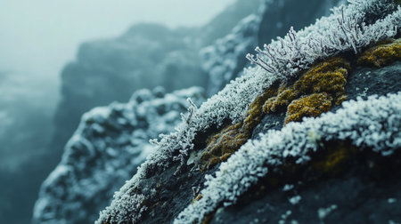 Frozen plants on rock in foggy morning. Beautiful winter landscapeの写真素材