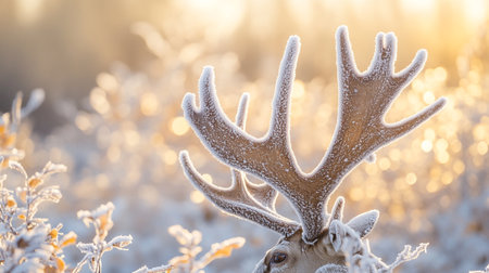 Fantastic winter landscape with antlers in hoarfrost.の写真素材