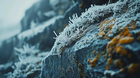 Ice crystals on rocks. Ice crystals on rocks. Frost on stones.の写真素材