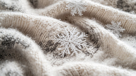 snowflake on a white knitted scarf. Winter background.