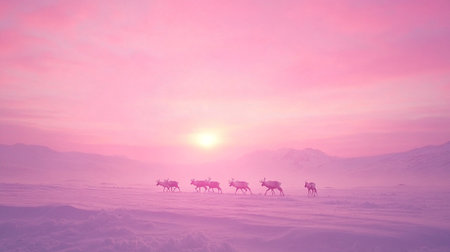 Five reindeers in a snowy landscape at sunsetの写真素材