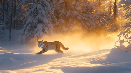 Beautiful wild lynx running in the snow in the winter forestの写真素材