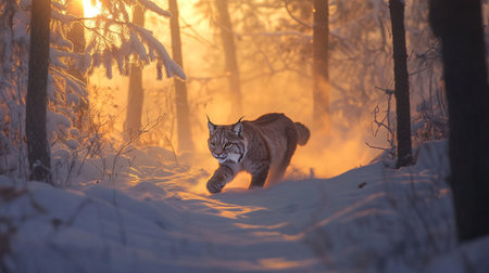 Siberian Lynx in the winter forest. Wildlife scene from nature.の写真素材