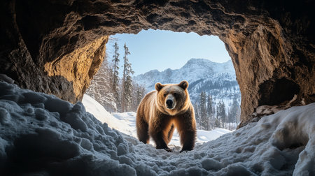 Grizzly bear in a cave in winter forest. Sunsetの写真素材