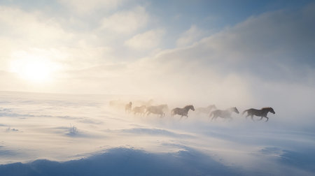 Horses running in the snow in the fog on a sunny dayの写真素材
