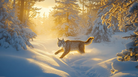 Beautiful Siberian lynx in winter forest at sunset. Wildlife scene.の写真素材