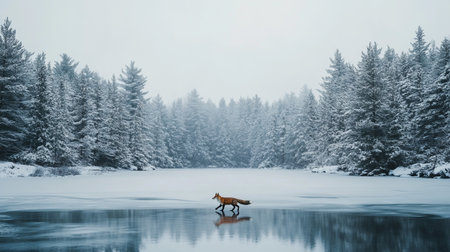 Foggy winter landscape with a red fox in the lakeの写真素材