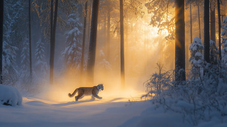 A Lynx running through the snow in the forest at sunset.の写真素材