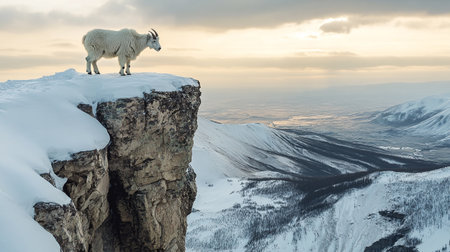 Mountain goat on the top of a rock in the winter mountainsの写真素材