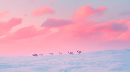 Flock of reindeers on a snowy hill at sunset.の写真素材