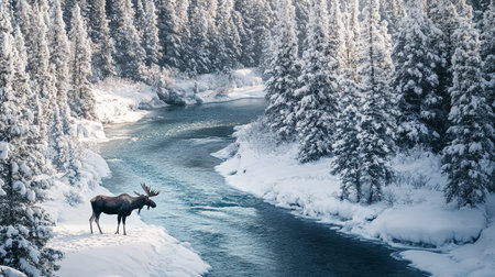 Majestic winter landscape with wild elk on the bank of a mountain riverの写真素材