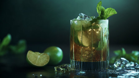 Mojito cocktail with lime, mint and ice on dark backgroundの写真素材