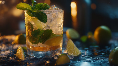Mojito cocktail with lime, mint and ice on dark backgroundの写真素材