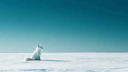 White fox sitting on a snow-covered field against the blue skyの写真素材