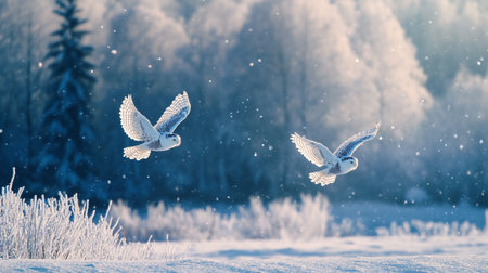 Snowy owl (Strix alba) flying in winter landscape.の写真素材