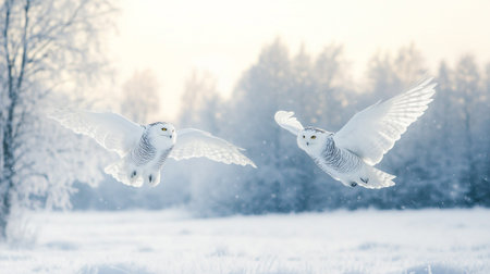 Snowy owls flying in the winter forest. Snowy landscape.の写真素材