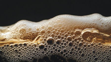 Close up of beer foam on black background. Macro shot of beer bubbles.