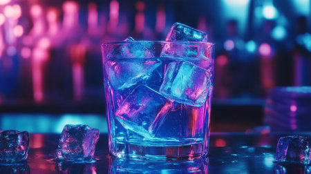 Ice cubes in glass with ice cubes on bar counter in night clubの写真素材