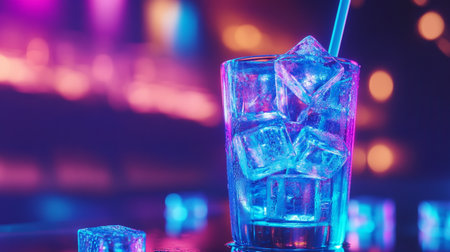 Glass of ice cubes on the bar counter in the night club.の写真素材