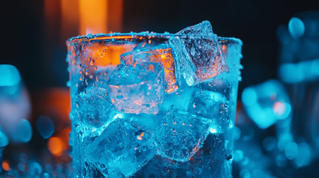Close up of ice cubes in a glass with ice cubes on a dark backgroundの写真素材