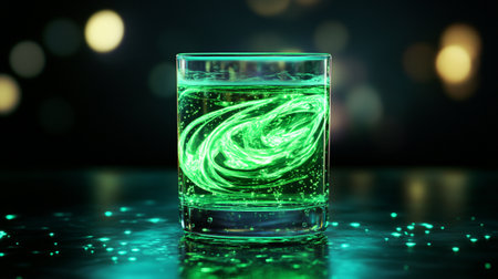 Cocktail in glass with green light on dark background. 3d renderingの写真素材