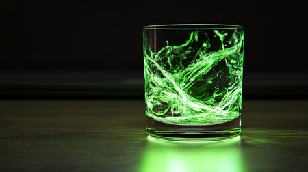 Glass of water with green light on dark background. 3D renderingの写真素材