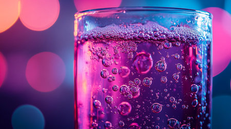 Glass of sparkling drink with bubbles on colorful bokeh background, close upの写真素材