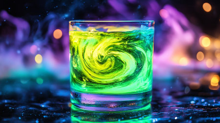 Alcohol cocktail drink in glass on dark background with colorful smoke and fireの写真素材