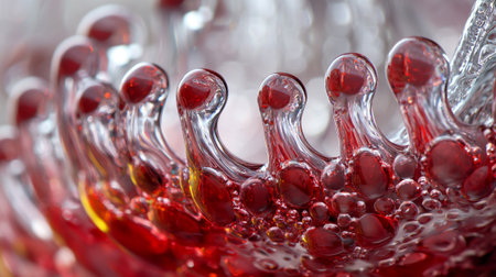 Red wine in glass with drops of water close-up macro photoの写真素材