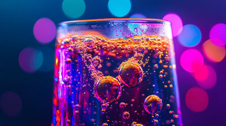 Glass of champagne with bubbles on colorful bokeh background, close upの写真素材