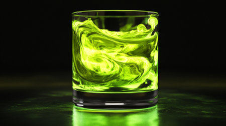 Glass of whiskey with green liquid on black background. Alcoholic drink.の写真素材